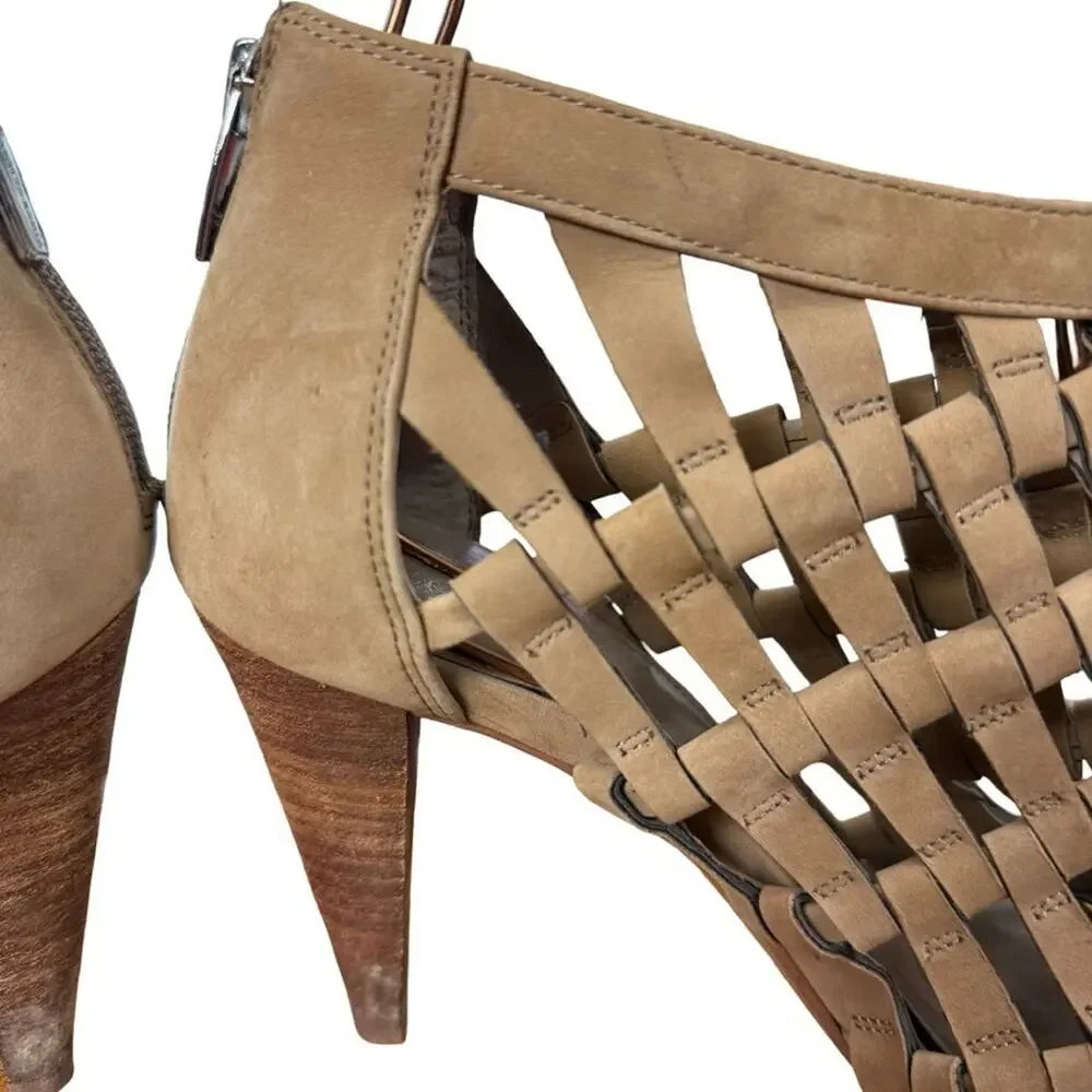 Vince Camuto Aventha Leather Cage Style High Heels Peep Toe Shoes Beige sz 7.5